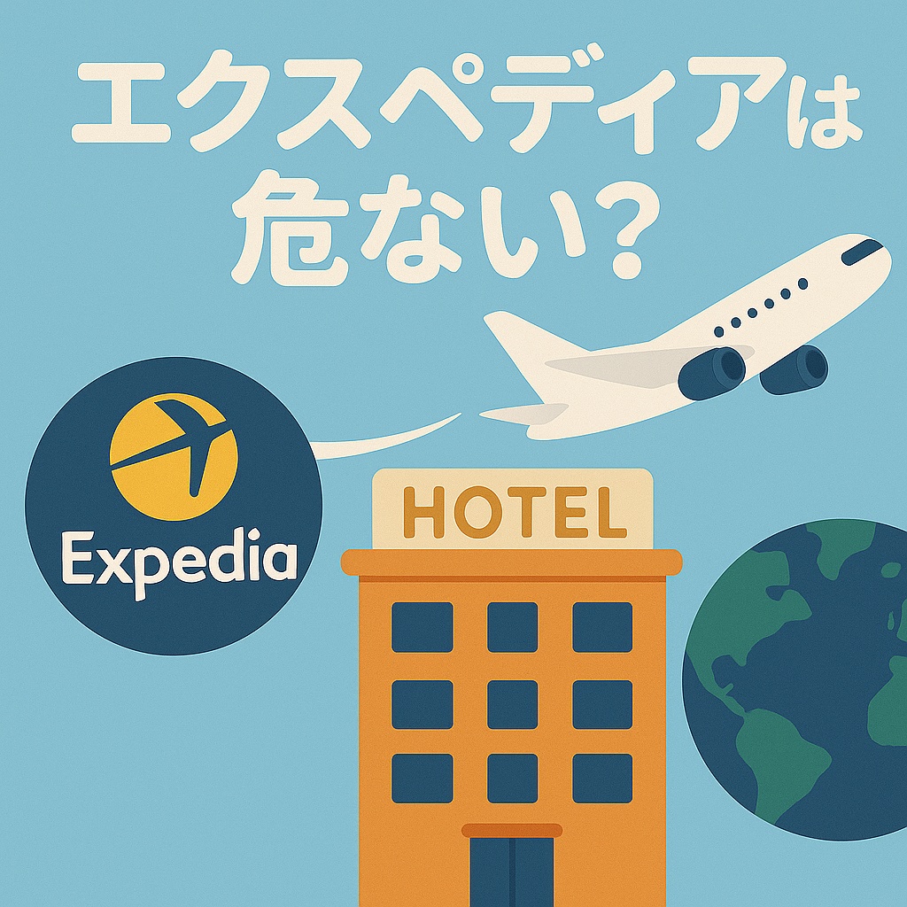 Expediaのロゴを組み合わせたイラスト。旅行予約サイトの安全性やリスクをイメージ